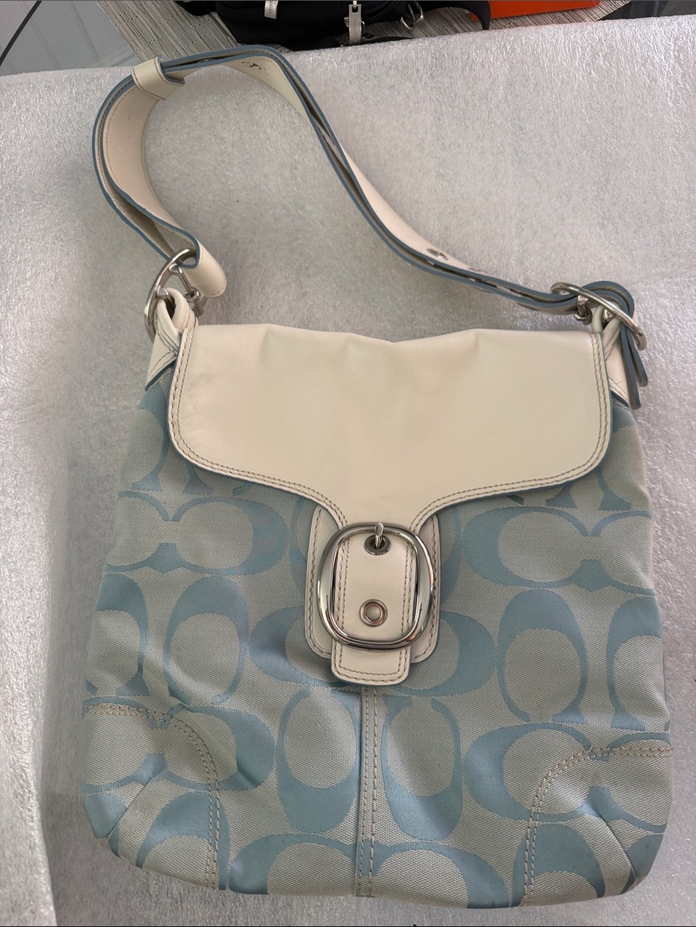 Coach Light Blue & Cream Signature Canvas Shoulder Bag